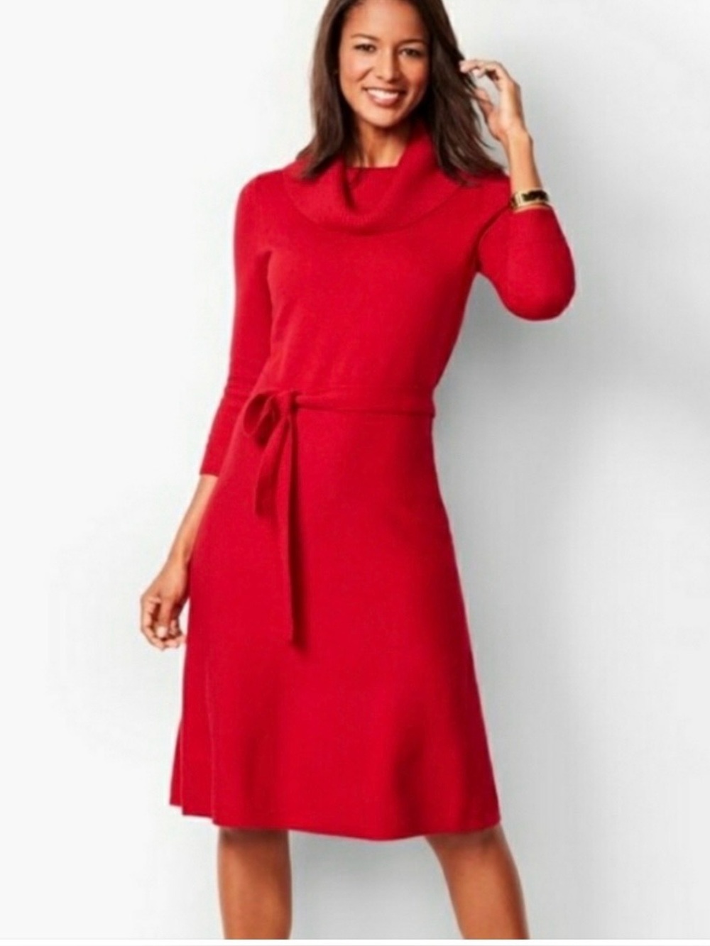 Talbots Women’s Tweed Cowlneck Fit & Flare Belted Sweater Dress Red Size M